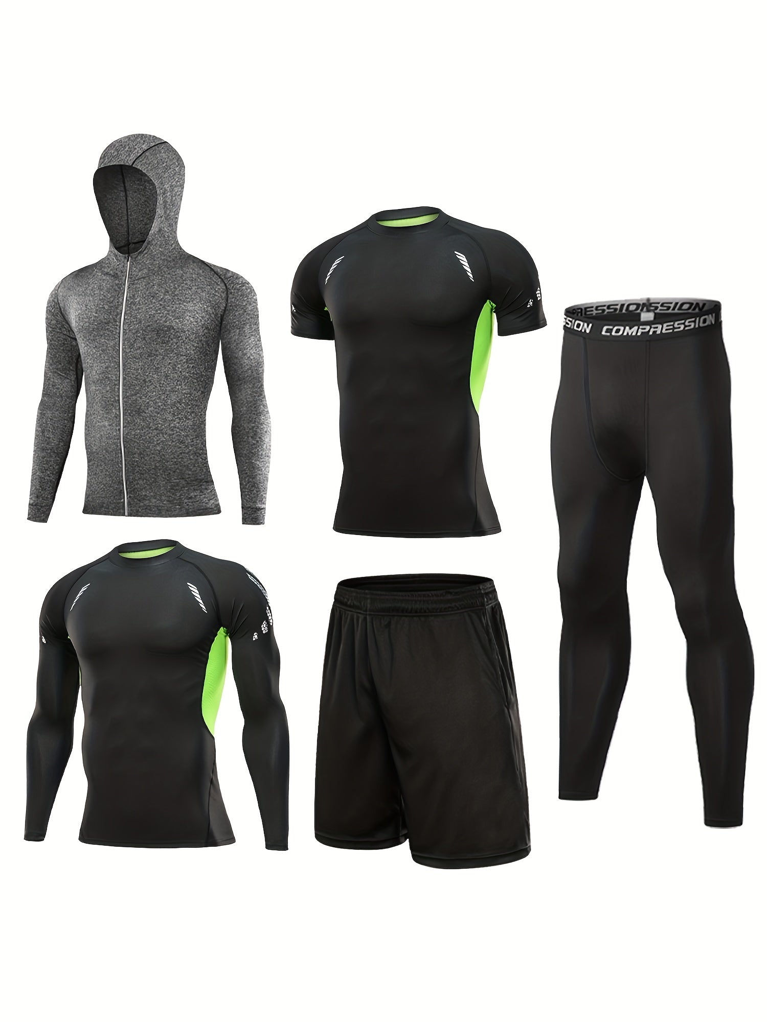 5 Pc Men's Quick Dry Gym Outfit: Jacket, Hoodie, T-shirt, Shorts, Leggings