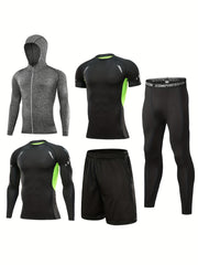 5 Pc Men's Quick Dry Gym Outfit: Jacket, Hoodie, T-shirt, Shorts, Leggings