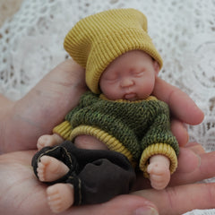 6 Inch Rourou Boy Reborn Doll with Yellow Knit Hat & Green Sweater