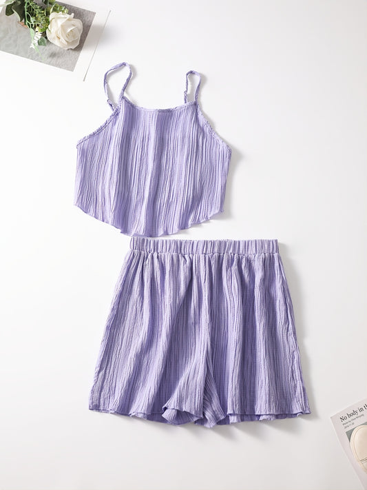 2pcs Set Crop Cami Top & Solid Shorts