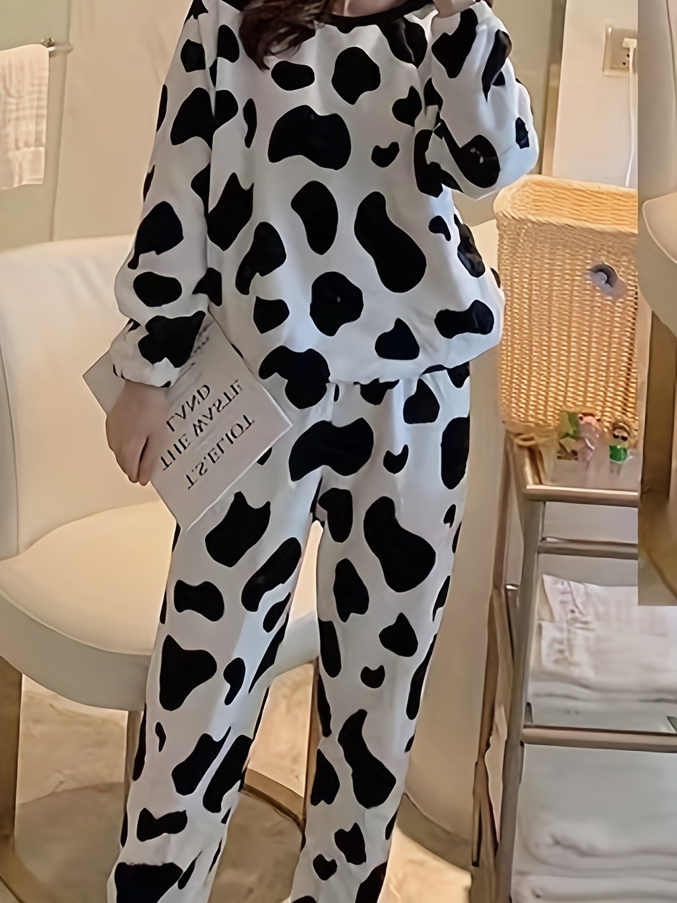 Cow Spots Print Pajama Set Long Sleeve Crew Neck Top & Cozy Pants