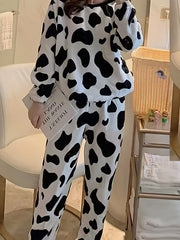 Cow Spots Print Pajama Set Long Sleeve Crew Neck Top & Cozy Pants