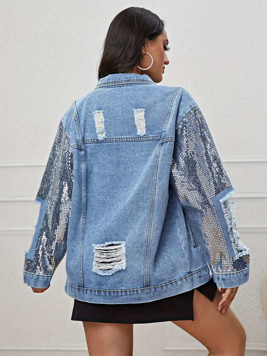 Sequin Long Sleeve Oversized Denim Jackets Flap Pocket Loose Fit