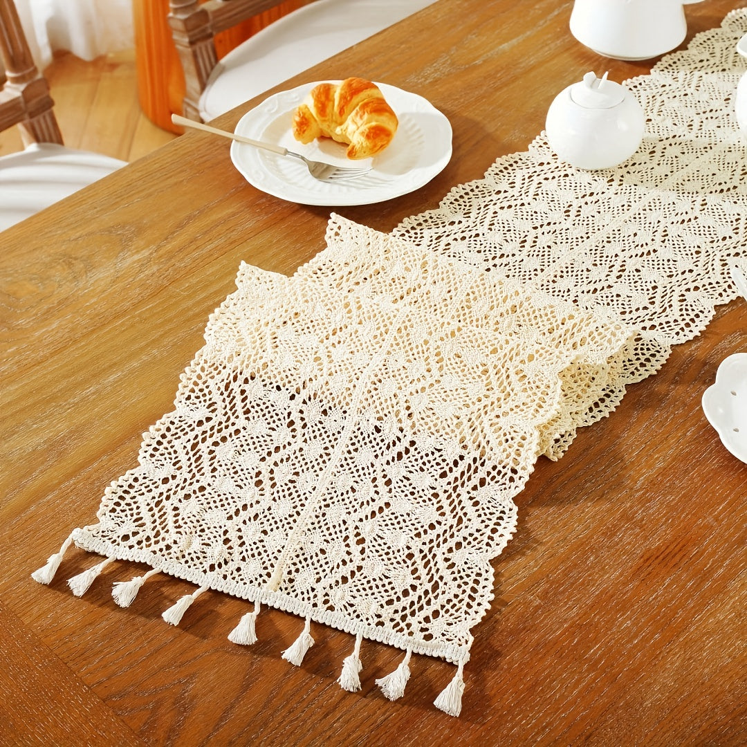 American Crochet Lace Table Runner Beige Cover