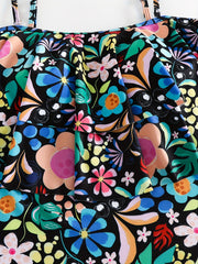  Floral Print Ruffle Trim One Piece Swimsuit