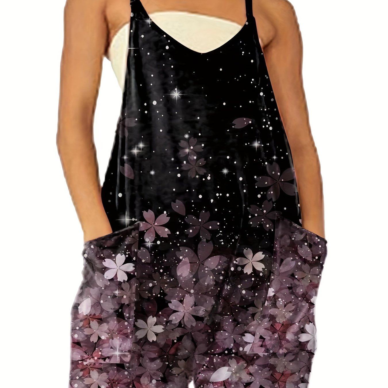 Floral Print Plus Size Casual Cami Romper with Pockets