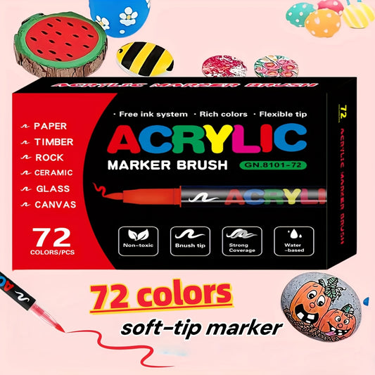 72 Colors Acrylic Marker Set Vibrant Soft Tip Water Based Ink Art Pens
