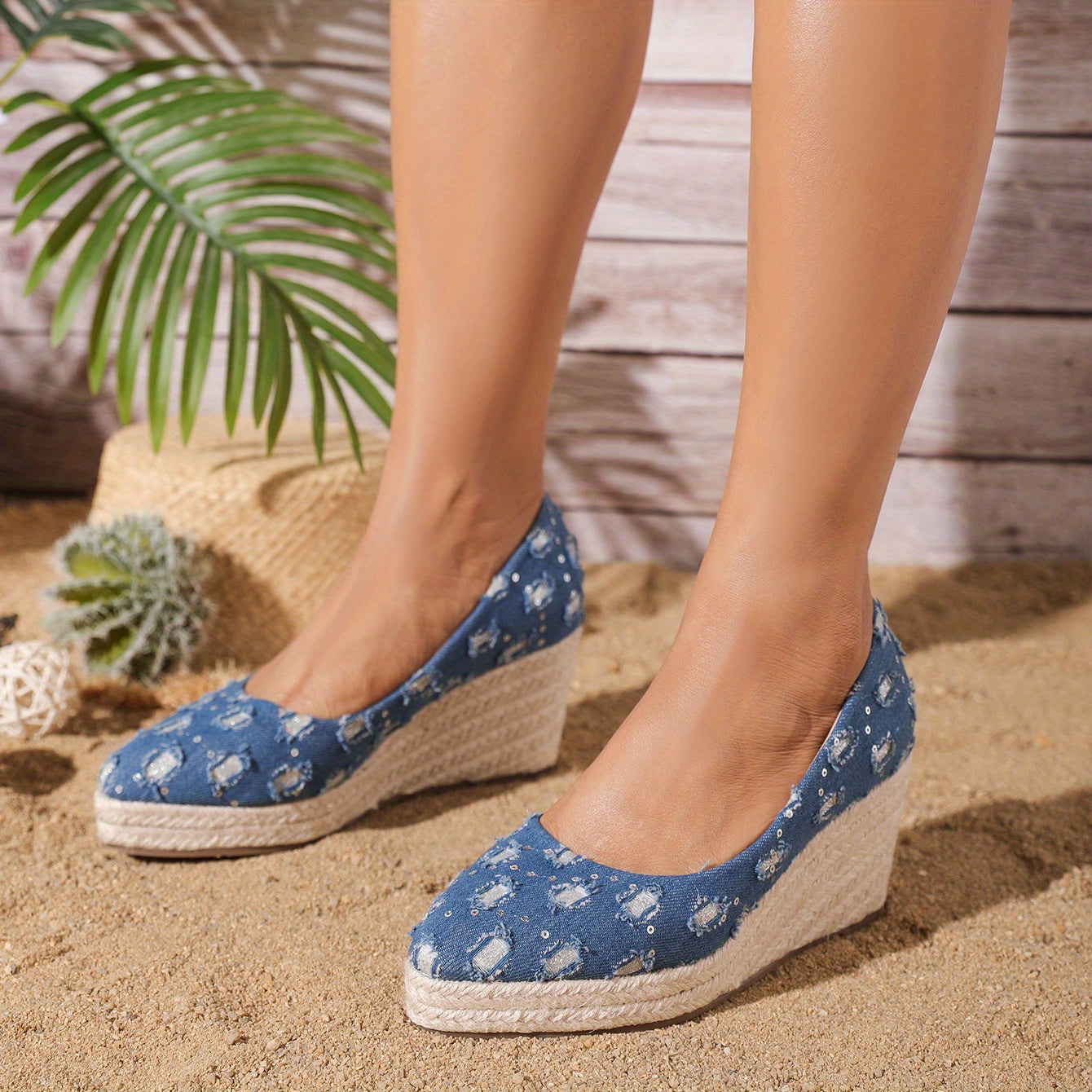 Women's Denim Wedge Heels Pointed Toe Espadrille Shoes