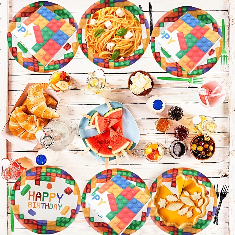 Colorful Block Party Tableware Set - 20pcs Plates & Napkins for Colorful Theme