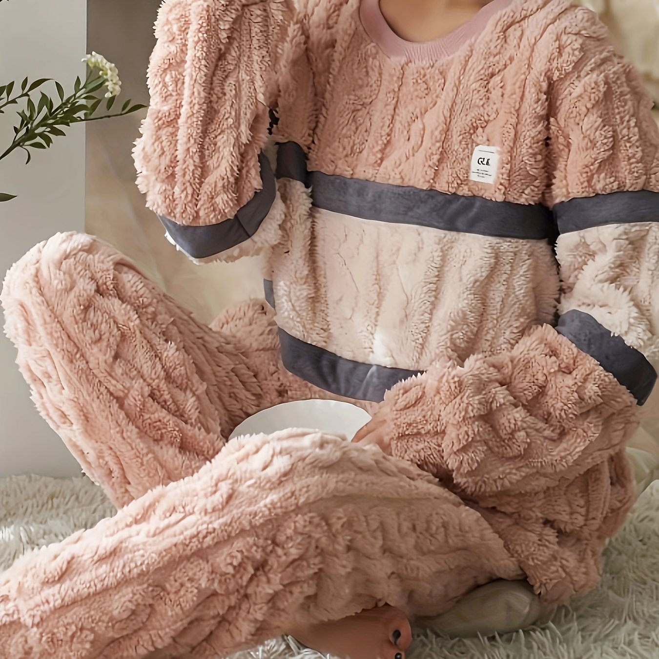 Striped Fuzzy Pajama Set Long Sleeve Crew Neck Top & Elastic Waistband Pants