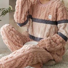 Striped Fuzzy Pajama Set Long Sleeve Crew Neck Top & Elastic Waistband Pants