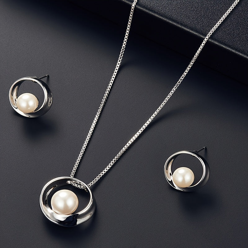 Faux Pearl Inlaid Round Jewelry Set Pendant Necklace & Stud Earrings