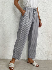  Striped Elastic Drawstring Crop Pants