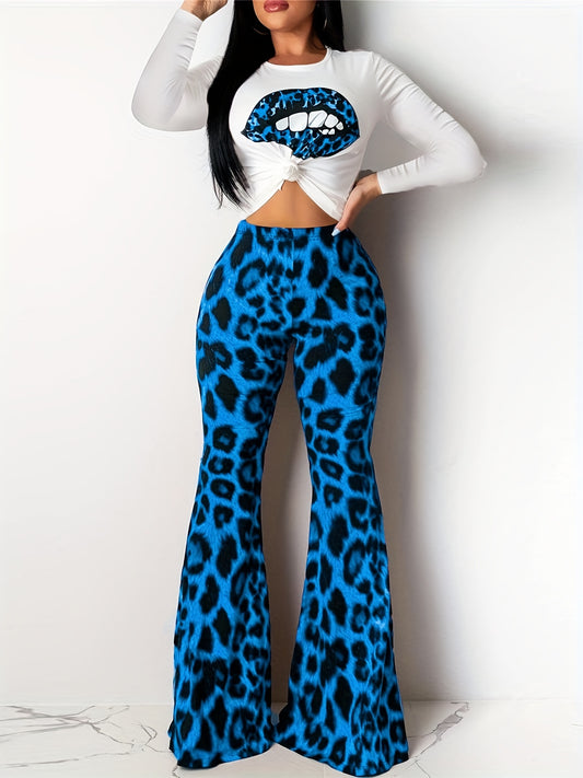 Leopard Print and Lips Print Two-Piece Set: Long Sleeve Top & Flared Leg Pants