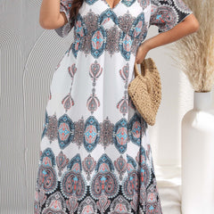 Plus Paisley Print Short Sleeve V Neck Maxi Dress