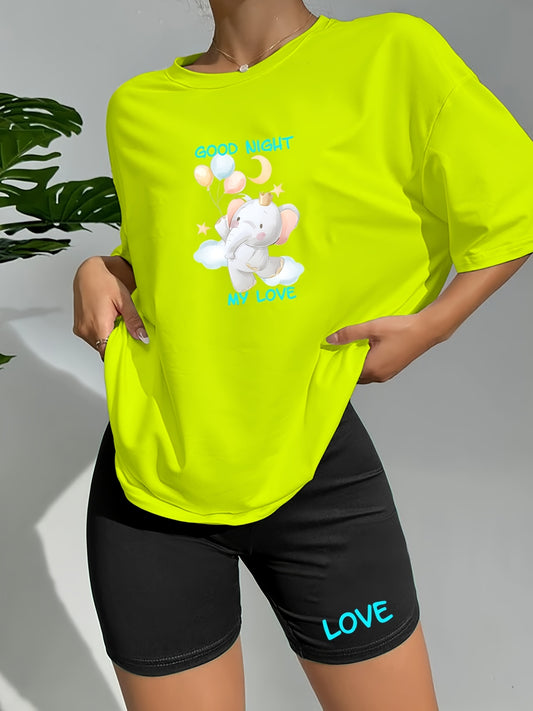 Elephant Print Lounge Set Short Sleeve Crew Neck Top & Elastic Waistband Shorts
