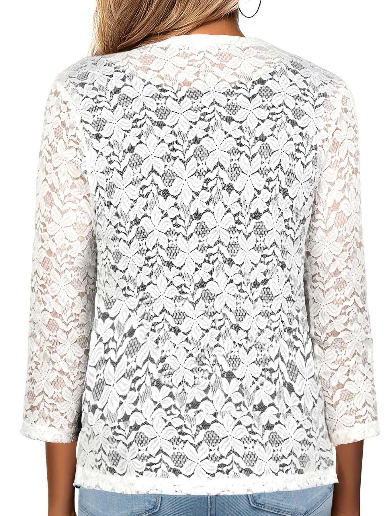 Solid Lace Open Front Top Long Sleeve Flower Pattern Top