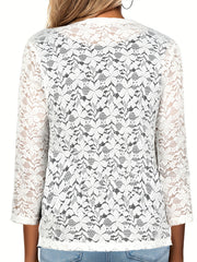 Solid Lace Open Front Top Long Sleeve Flower Pattern Top