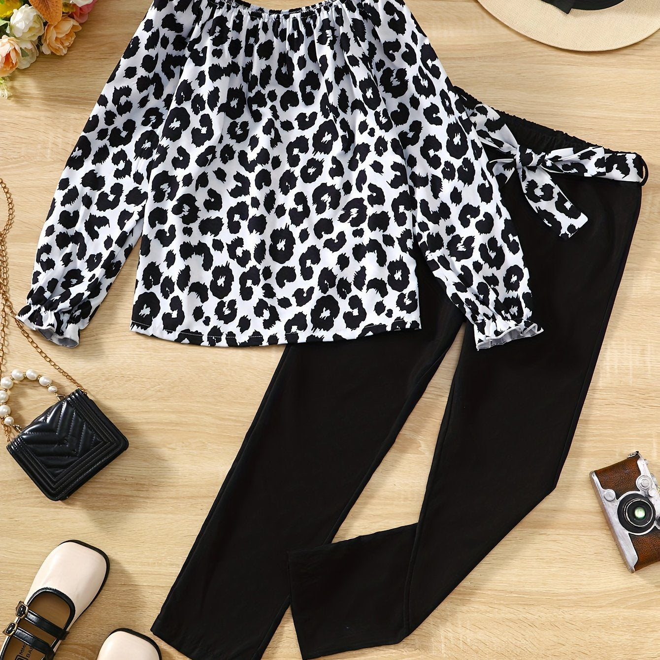Girl's Leopard Print 2pcs Set Trumpet Sleeve Top & Pants Spring Fall