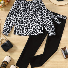 Girl's Leopard Print 2pcs Set Trumpet Sleeve Top & Pants Spring Fall