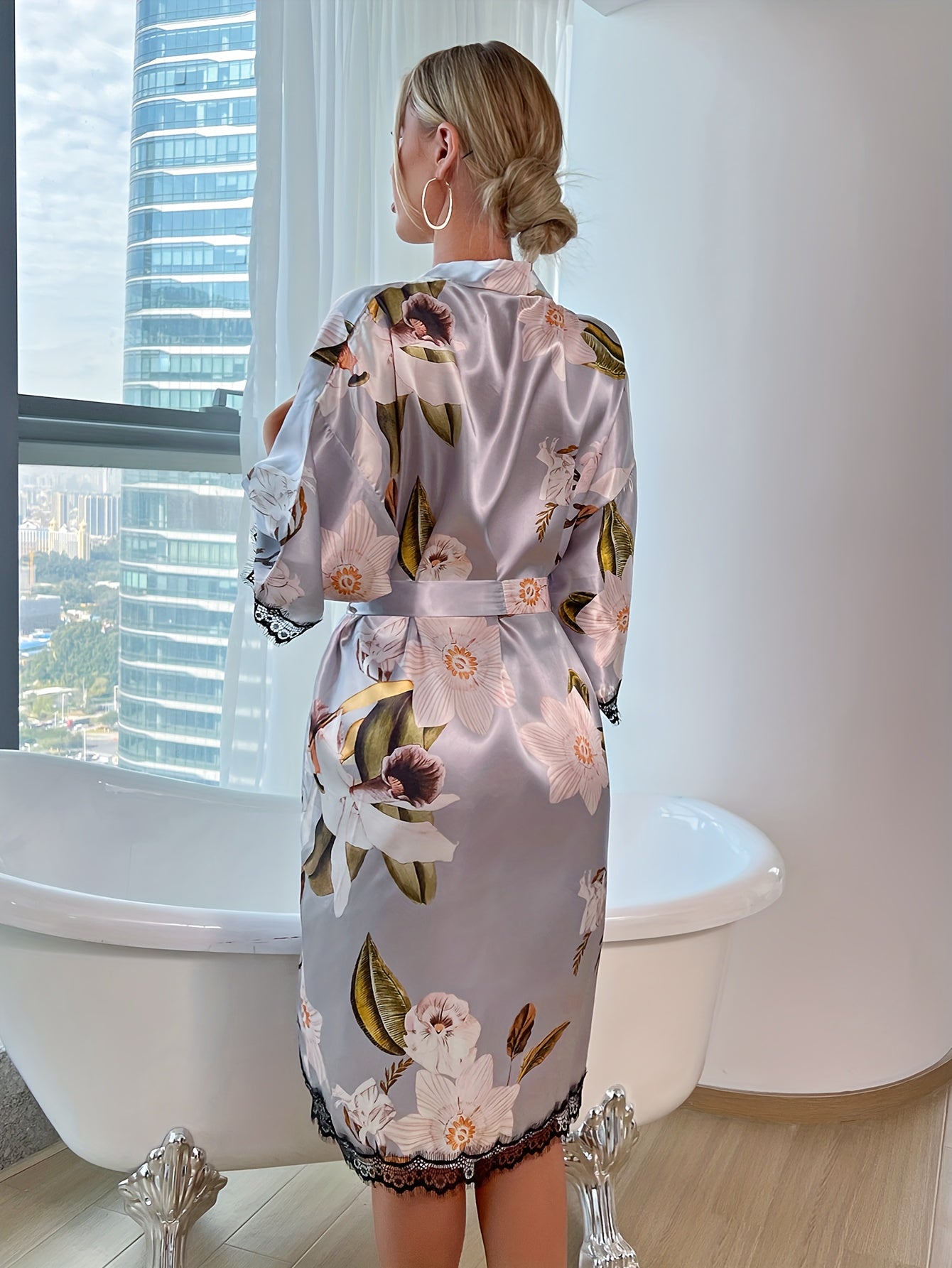 Floral Print Night Robe Lace Trim V Neck Robe Women's Sleepwear