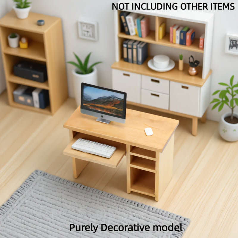 Mini Wooden Computer Desk Set Model Desk with Mouse and Keyboard 1:12 Scale