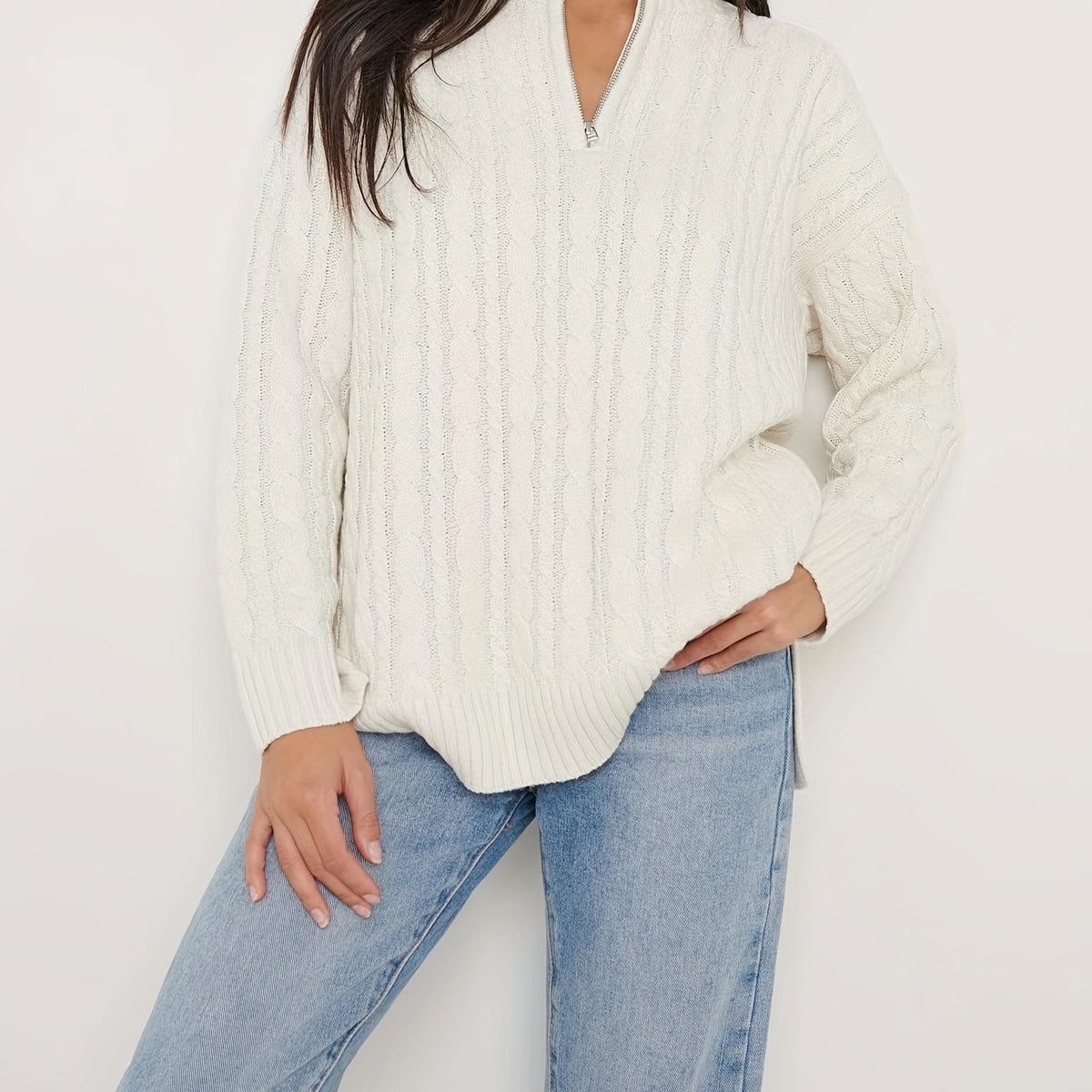  Solid Cable Zip Up Sweater