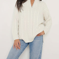  Solid Cable Zip Up Sweater