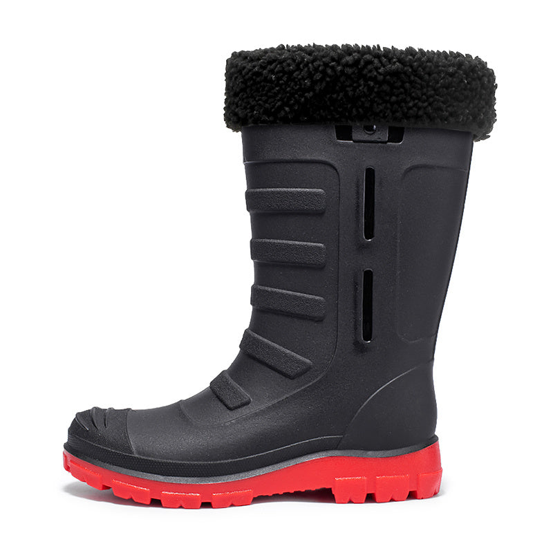 Women's Plush Mid Calf Rain Boots Waterproof Round Toe Shoes