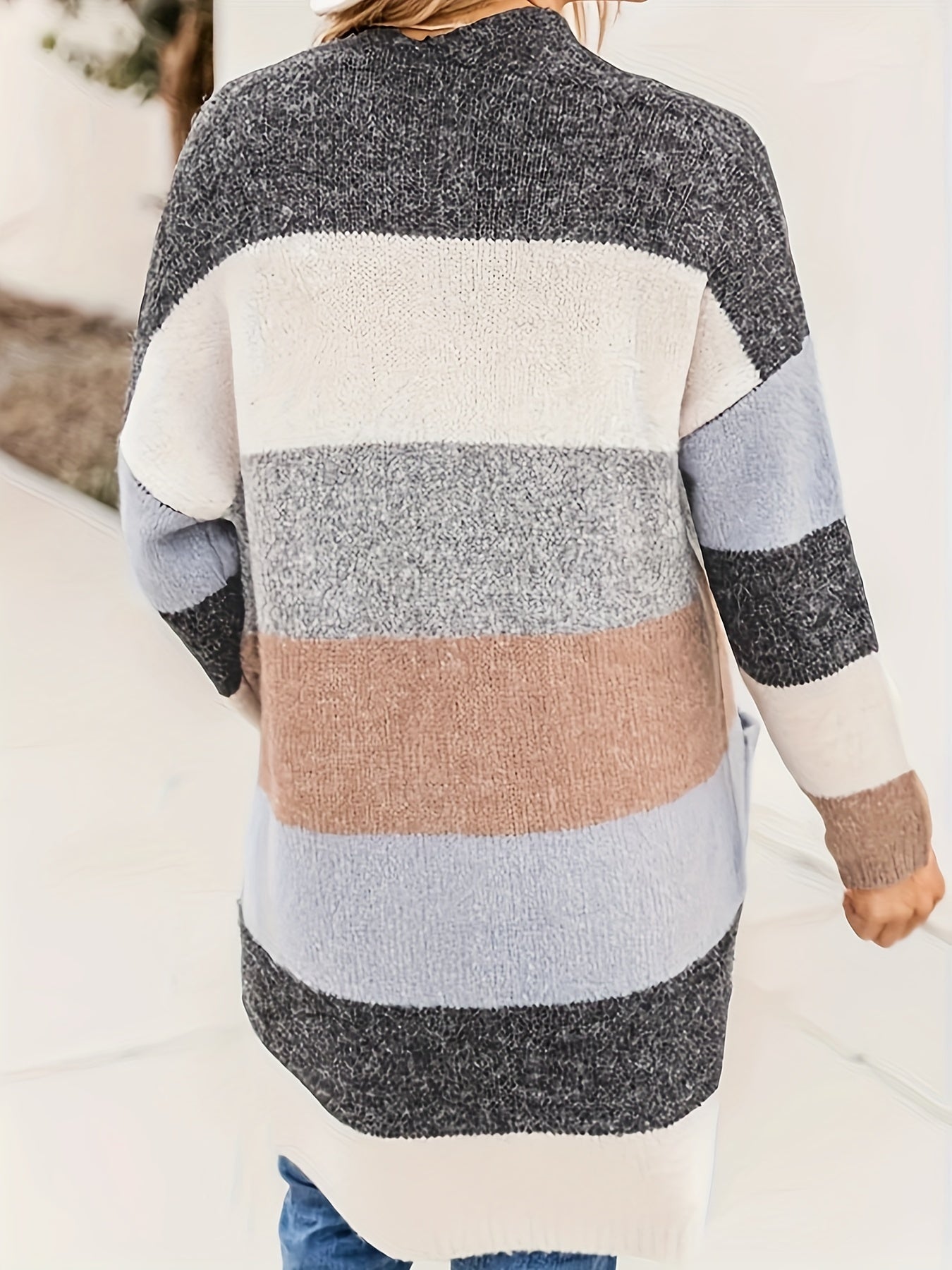  Colorblock Open Front Cardigan With Pockets