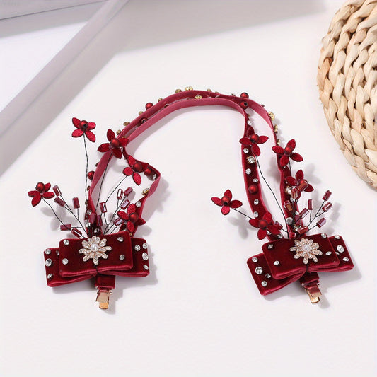 Red Flower Bow Decor Hair Clip Set Beaded Tassel Wedding Bridal Hair Clip