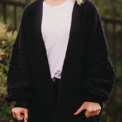 Plus Size Solid Dot Pattern Lantern Sleeve Open Front Sweater Cardigan