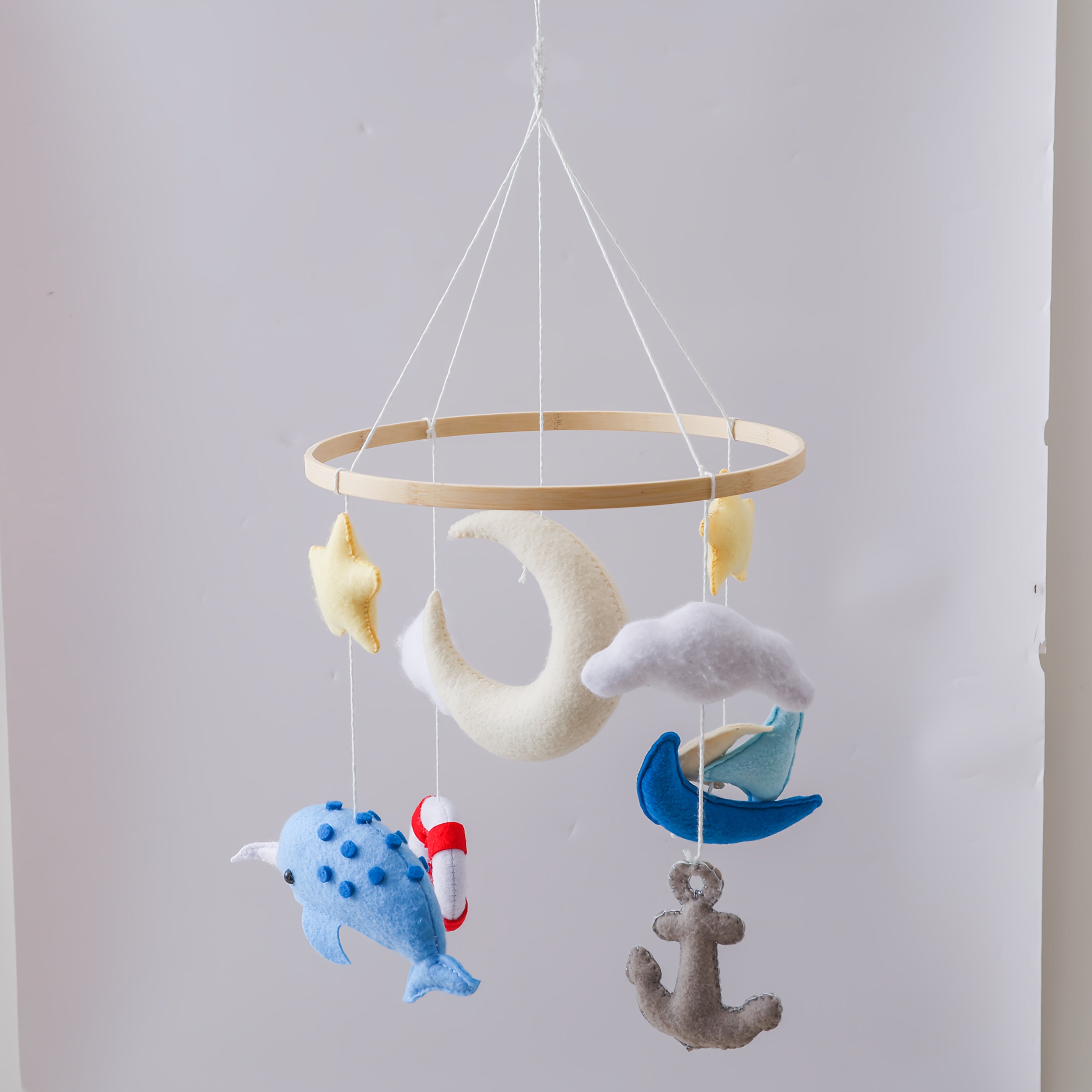 Handcrafted Multicolor Beach Sailboat & Dolphin Mobile Textile Bed Bell