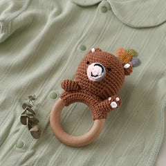 Crochet Bear Shaker Toy with Wooden Ring & Bells Sensory Stacking