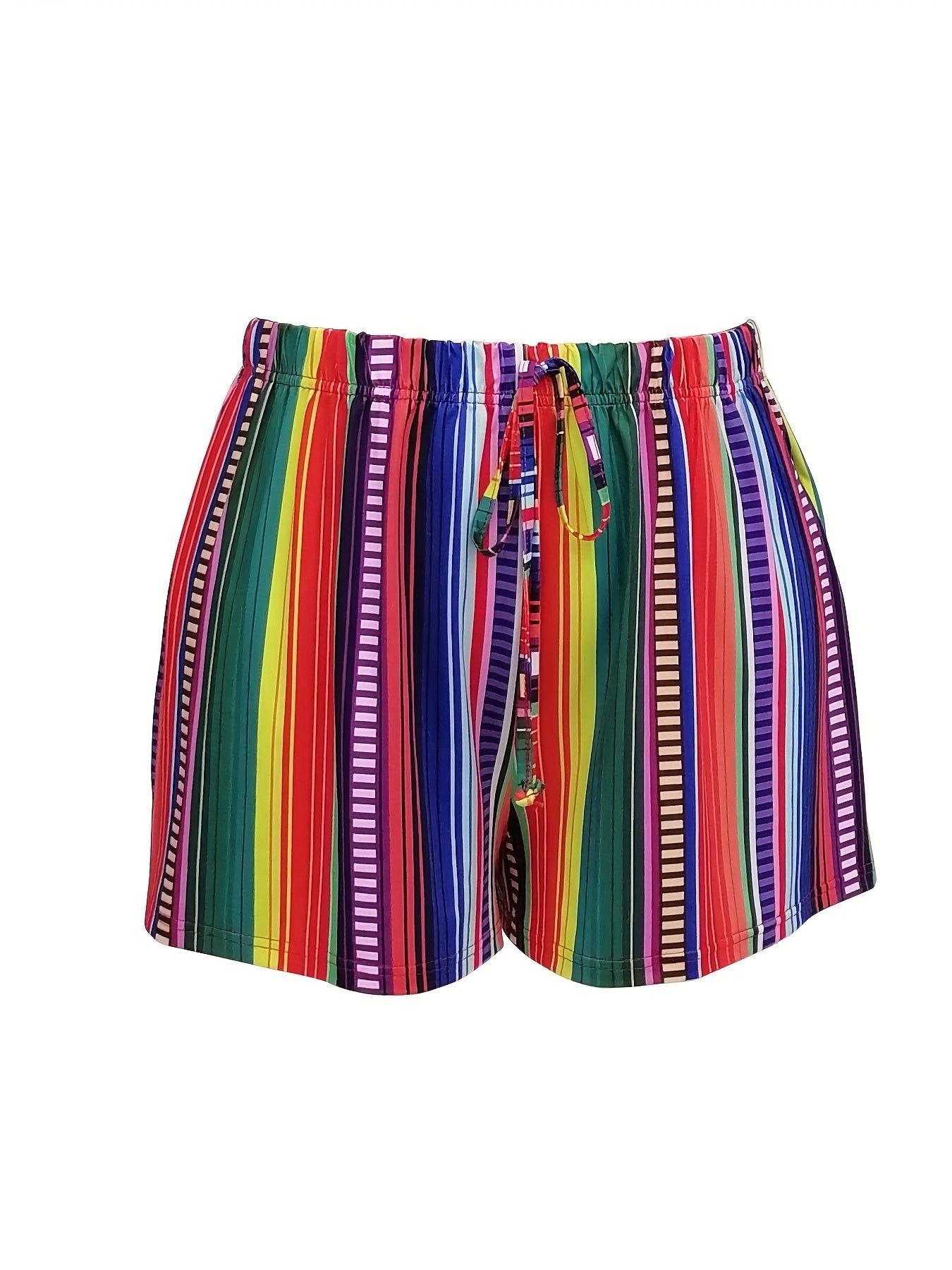  Rainbow Striped Print Medium Stretch Tie Shorts
