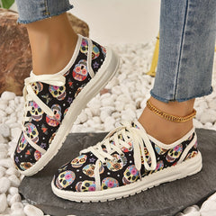Colorful Skull Graphic Sneakers Lace Up Flat Canvas Shoes