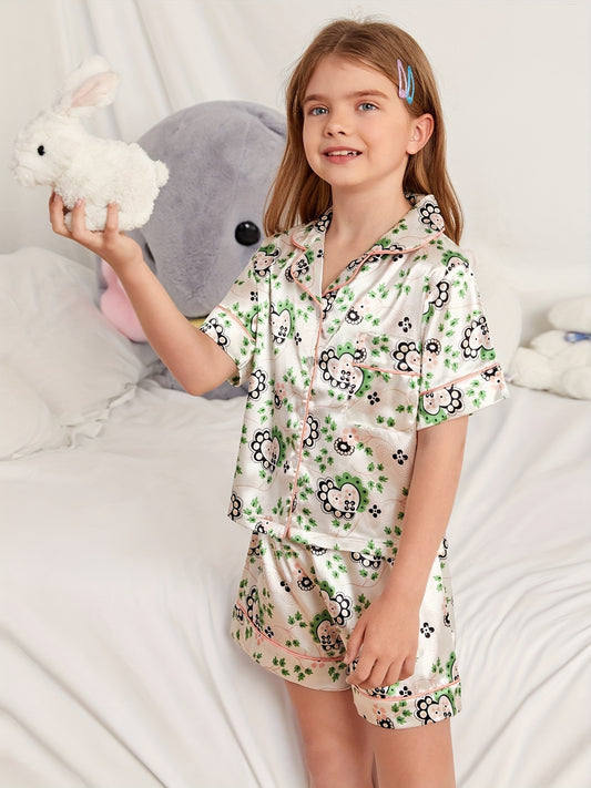 Girls Pajamas Set Flowers Graphic Short Sleeve Top & Shorts Sleepwear
