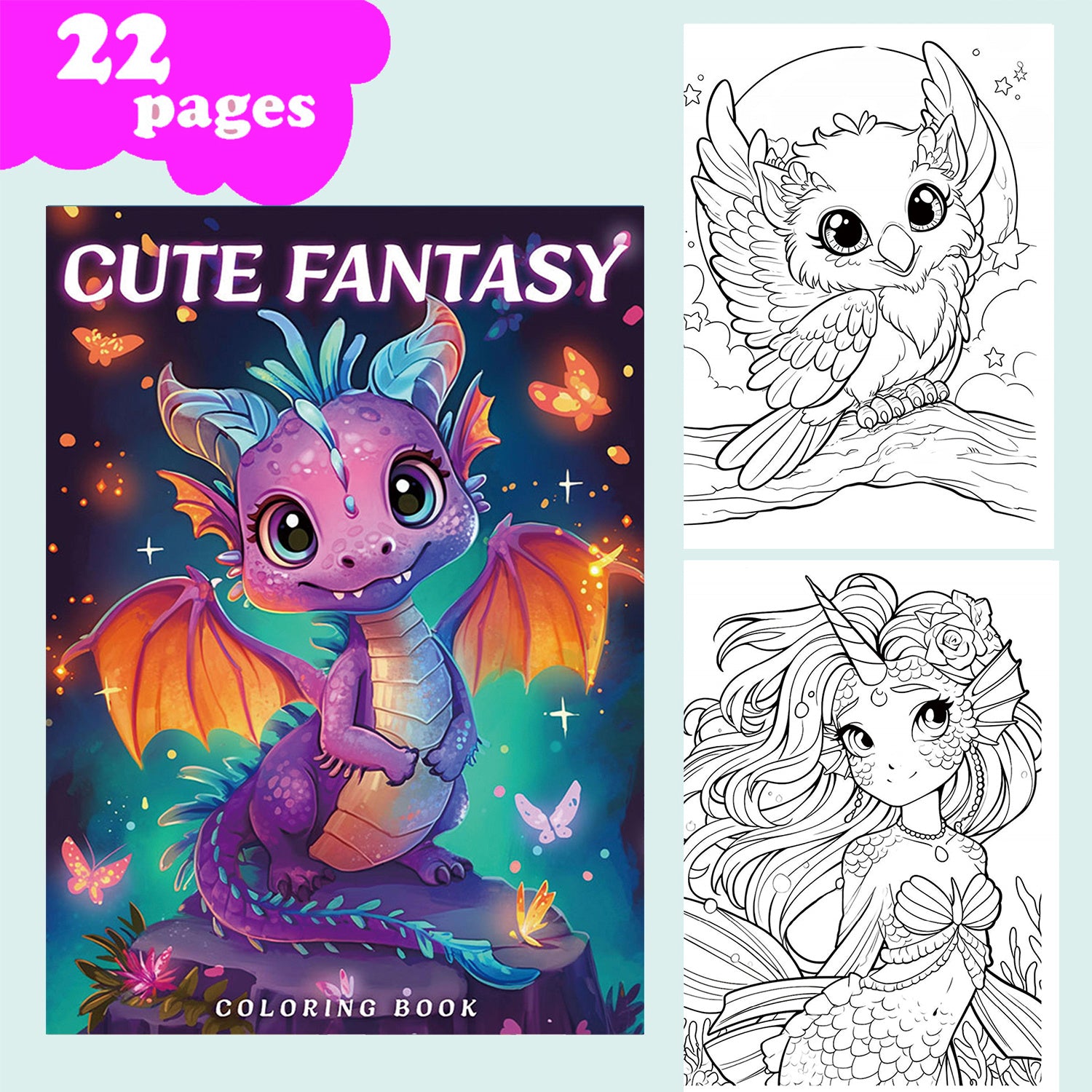 22 Page Fantasy Dragon Coloring Book with Numbered Sections No Bleed Through