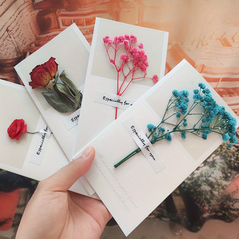 4pcs Gypsophila Dried Flower Cards for Birthday Thanksgiving Romantic Bouquet