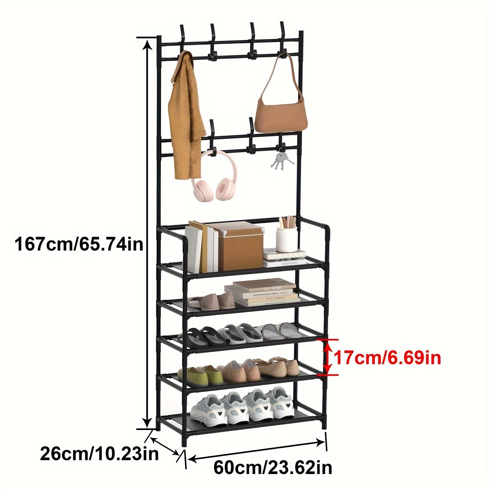 Entryway Coat Rack Shoe Rack with Storage Shelves & Hooks