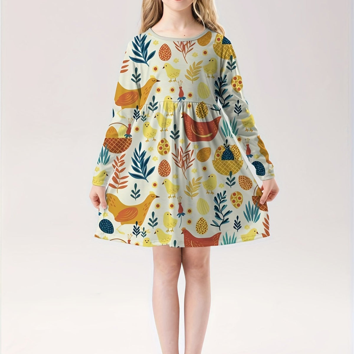 Girls Cartoon Animal Garden Long Sleeve Dress