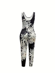  Leaf Print Stretch Tank Jumpsuit