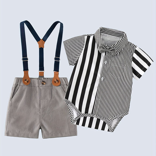 Baby Gentleman Party Set Striped Bow Tie Shirt & Bib Pants