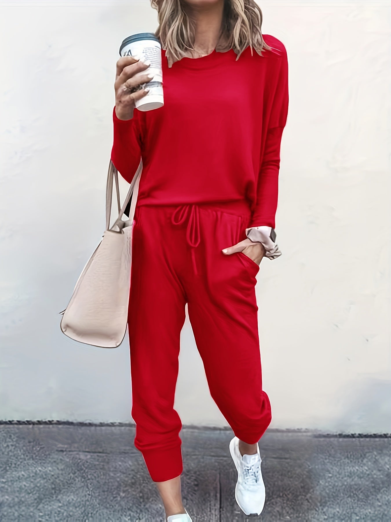  Women's Solid Long Sleeve Top & Drawstring Jogger Set