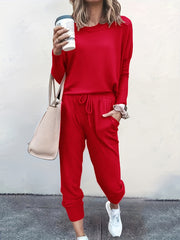  Women's Solid Long Sleeve Top & Drawstring Jogger Set