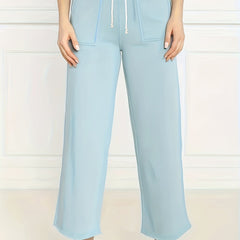  Solid Drawstring High Rise Straight Leg Crop Pants