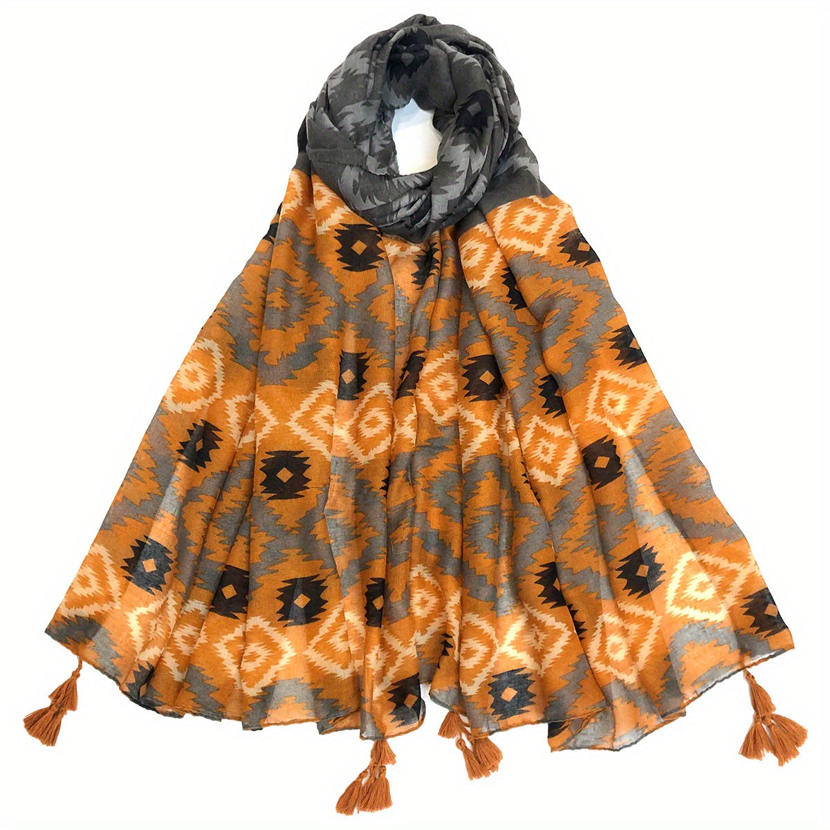 Vintage Geometric Print Scarf Boho Block Tassel Shawl Casual Windproof Head Wrap