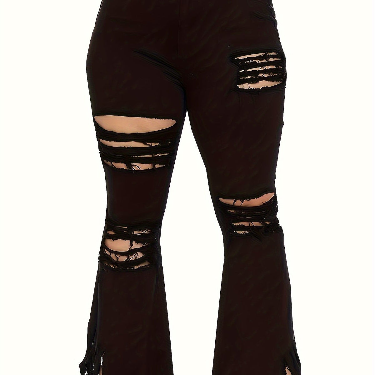 Women's Plus Solid Ripped Button Fly High Rise Flared Leg Jeans