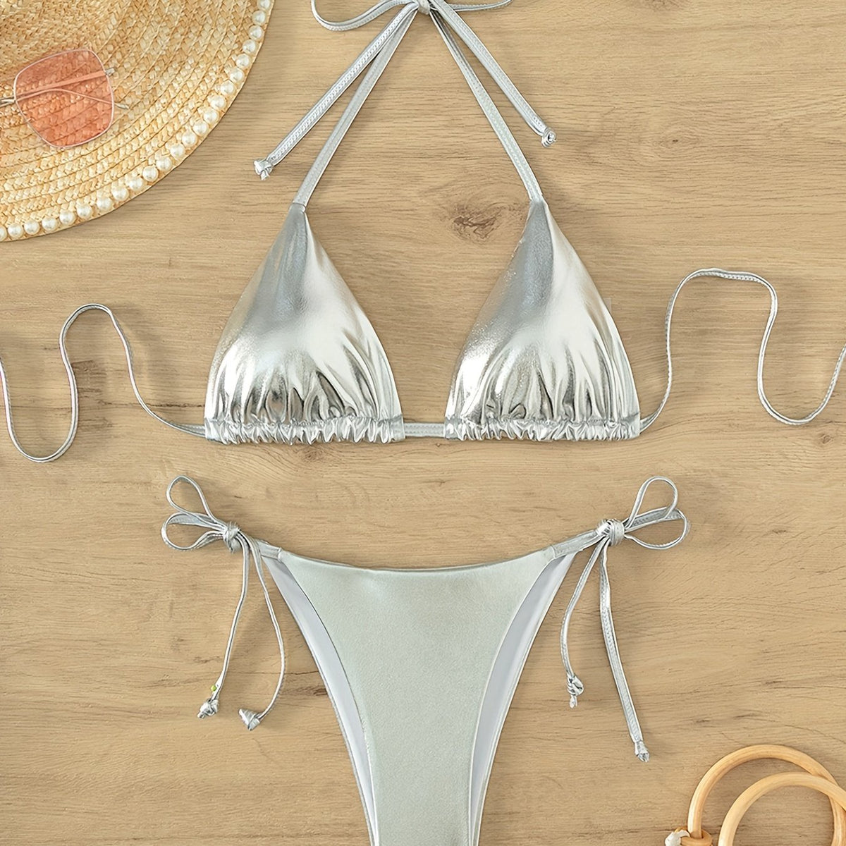 V Neck Bikini Set Backless Tie Side Swimsuit Women's Swimwear