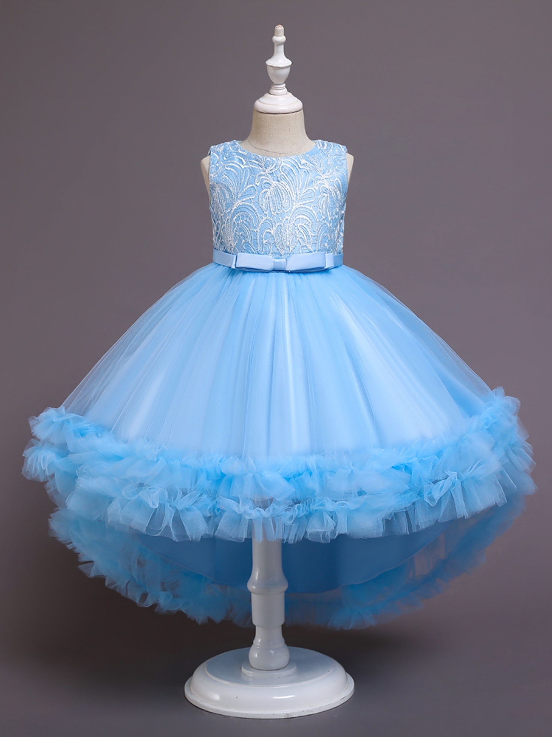 Girls Puffy Tail Princess Dress Bow Embroidery Tulle Tutu